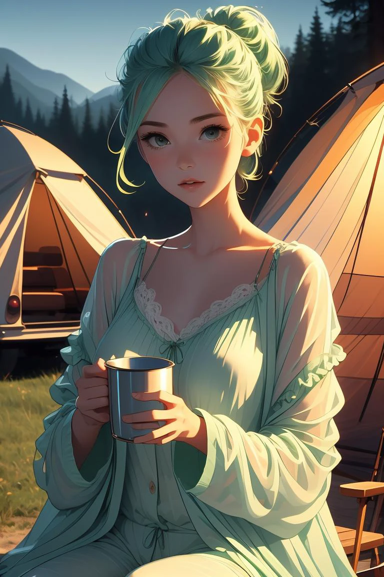 (masterpiece, best quality), 1girl,Apple green Tapered Sides with Textured Quiff, big breasts, <lora:girllikebonfire:1> bonfire, holding a cup, chair, frills chiffon pajamas, chiffon jacket, tent, night, camper van
