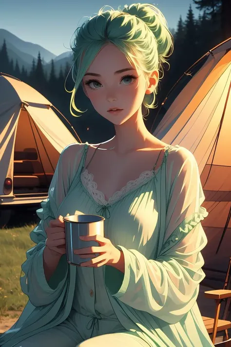 (masterpiece, best quality), 1girl,Apple green Tapered Sides with Textured Quiff, big breasts,   <lora:girllikebonfire:1> bonfire, holding a cup, chair, frills chiffon pajamas, chiffon jacket, tent, night, camper van