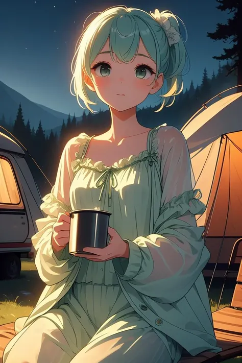 (masterpiece, best quality), 1girl,Apple green Crew Cut with Skin Fade, small breasts, <lora:girllikebonfire:1> bonfire, holding a cup, chair, frills chiffon pajamas, chiffon jacket, tent, night, camper van