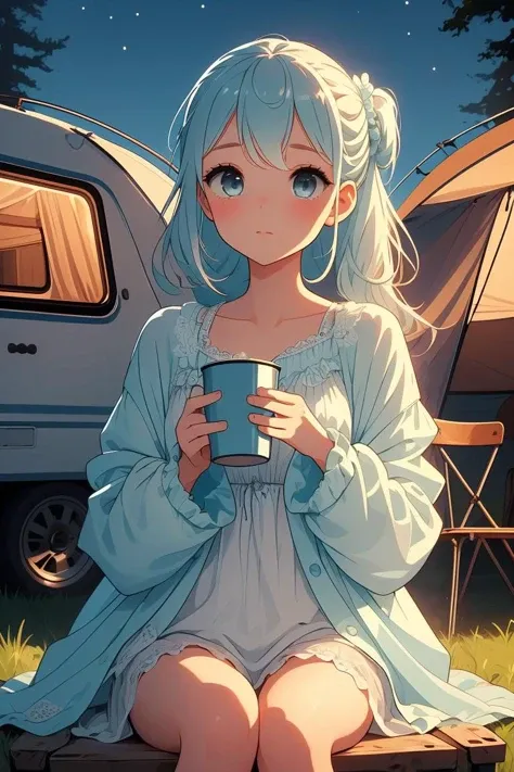 (masterpiece, best quality), 1girl,Aquamarine Dutch Side Braid with Bobby Pins, small breasts, <lora:girllikebonfire:1> bonfire, holding a cup, chair, frills chiffon pajamas, chiffon jacket, tent, night, camper van