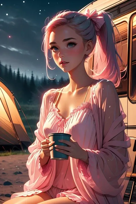 (masterpiece, best quality), 1girl,Dusty Rose Slicked-Back High Ponytail with Bow, Size DD breasts, <lora:girllikebonfire:1> bonfire, holding a cup, chair, frills chiffon pajamas, chiffon jacket, tent, night, camper van