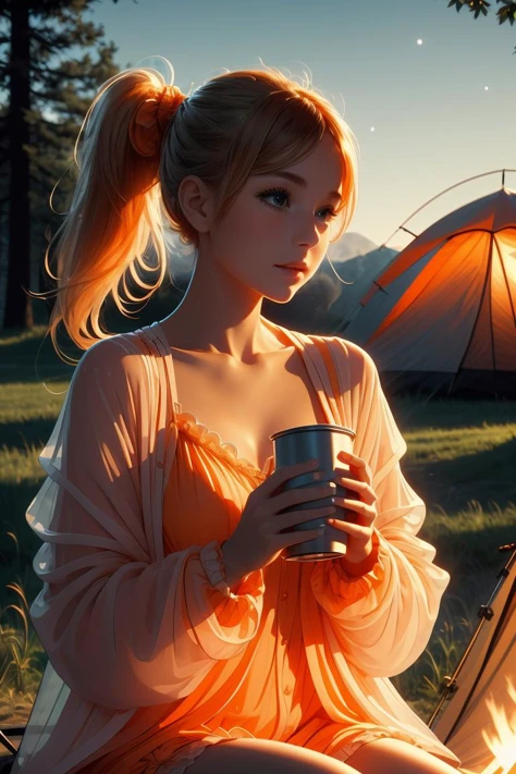 (masterpiece, best quality), 1girl,Orange Tied Back Ponytail, Sizes I to L breasts, <lora:girllikebonfire:1> bonfire, holding a cup, chair, frills chiffon pajamas, chiffon jacket, tent, night, camper van