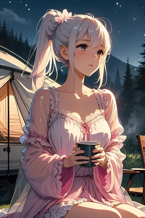 (masterpiece, best quality), 1girl,Peony Sleek High Ponytail, Size A breasts, <lora:girllikebonfire:1> bonfire, holding a cup, chair, frills chiffon pajamas, chiffon jacket, tent, night, camper van