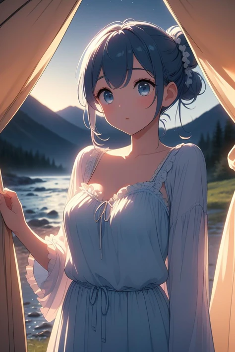 (masterpiece, best quality), 1girl,Cerulean Messy Bun with Wispy Side Bangs, Size D breasts, <lora:girllikecampingtent:1> camping tent, open door curtain, pillow hug, frills chiffon pajamas, night
