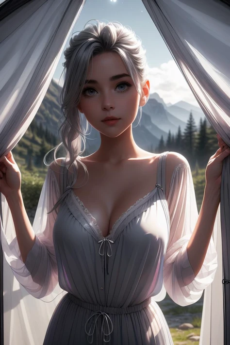 (masterpiece, best quality), 1girl,Silver Gray Ombre Textured Quiff with Low Fade, Sizes I to L breasts, <lora:girllikecampingtent:1> camping tent, open door curtain, pillow hug, frills chiffon pajamas, night