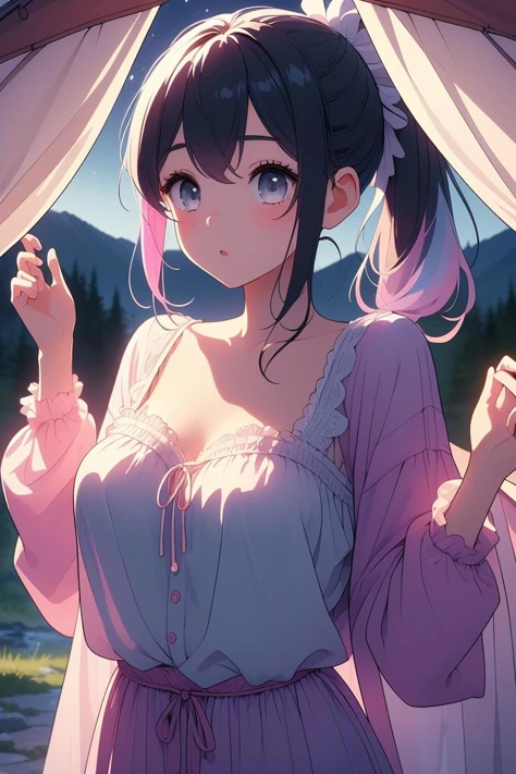 (masterpiece, best quality), 1girl,Ombre (any color combination) Twisted Low Ponytail, Size D breasts, <lora:girllikecampingtent:1> camping tent, open door curtain, pillow hug, frills chiffon pajamas, night