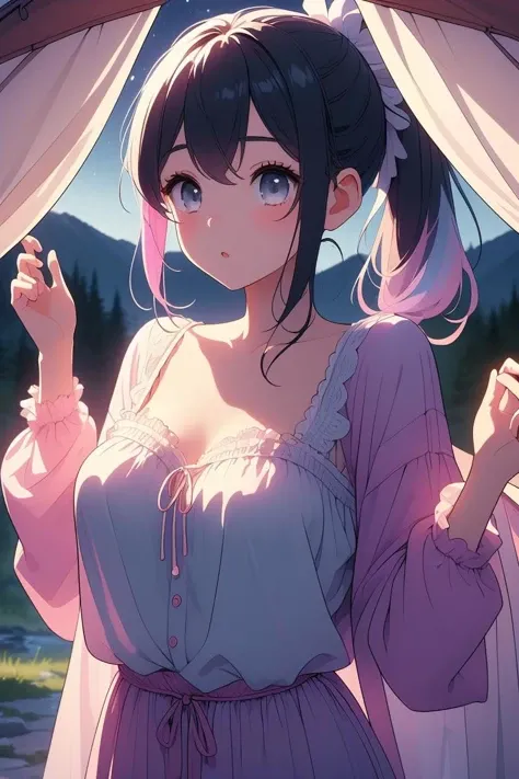 (masterpiece, best quality), 1girl,Ombre (any color combination) Twisted Low Ponytail, Size D breasts, <lora:girllikecampingtent:1> camping tent, open door curtain, pillow hug, frills chiffon pajamas, night