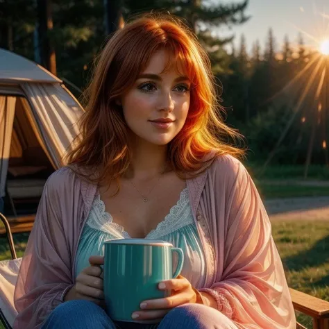 extremely photogenic girl, ginger hair, blush, textured skin, hourglass figure, (photorealistic:1.2), (warm colors, 8k, high quality, shot on Fujifilm X-T4, 85mm f1.2), <lora:epiCRealismHelper:0.99>, <lora:add_detail:0.8>, <lora:Sagging Breasts v1:1.5> sagging breasts, gigantic breasts, <lora:breastsizeslideroffset:0.4>, <lora:girllikebonfire:1> (bonfire:1.3), (holding a cup, sitting on a chair, chiffon jacket:1.2), frills chiffon pajamas, tent, camper van, (night:1.2)