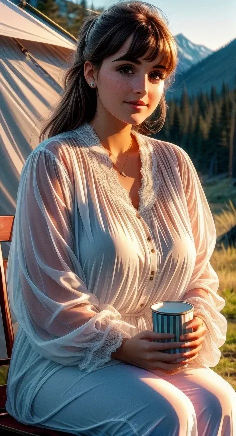 Ideal-cutesie, (detailed eyes:0.8), (detailed lips:0.8), (freckles:0.8), extremely photogenic girl, blush, textured skin, hourglass figure, (photorealistic:1.2), (warm colors, 8k, high quality, shot on Fujifilm X-T4, 85mm f1.2), <lora:epiCRealismHelper:0.99>, <lora:add_detail:0.8>, <lora:Sagging Breasts v1:1.5> sagging breasts, gigantic breasts, <lora:breastsizeslideroffset:0.4>, <lora:girllikebonfire:1> (bonfire:1.3), (holding a cup, sitting on a chair:1.2), white frills chiffon pajamas, brown chiffon jacket, tent, (night:1.2), camper van