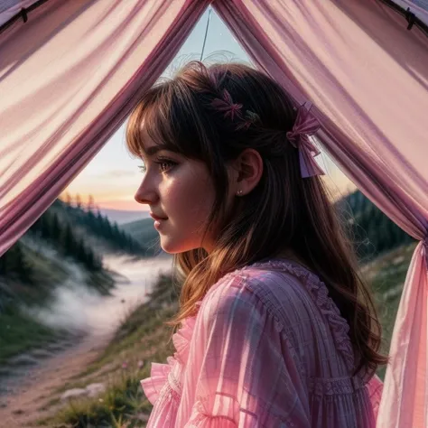 Ideal cutie, extremely photogenic girl, (detailed eyes:0.8), blush, textured skin, (photorealistic:1.2), (vibrant colors, 8k, high quality, shot on Fujifilm X-T4, 85mm f1.2), <lora:epiCRealismHelper:0.99>, <lora:add_detail:0.8>,  <lora:girllikecampingtent:0.9> camping tent, open door curtain, (kneeling:1.1), (frills chiffon pajamas), (night:1.3), fog, (from side:1.1), looking at viewer