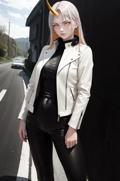 masterpiece, best quality, absurdres, <lora:gullveig-fe-richy-v1-000012:1>, gullveig, 1girl, solo, standing, sports car, car, road, leather jacket, long sleeves, glowing eyes, leaning back, single horn