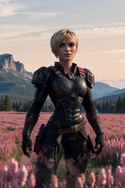 sgt calhoun, short blonde hair, blue eyes, armor, bodysuit, looking at viewer, serious, medium shot, standing, holding a cell phone, outside, pink grass, mountain, pink sky, high quality, masterpiece, <lora:hard_sgtcalhoun:.7>