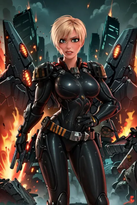 masterpiece, best quality, nsfw, Sgt Calhoun,1girl, armor, sexy pose, pin up girl, destroyed city background <lora:Reiq_05:1>