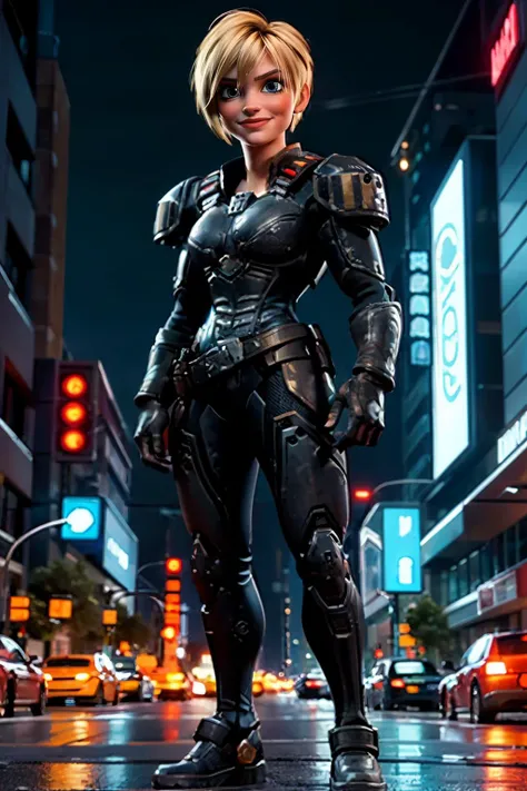sgt calhoun, short blonde hair, blue eyes, armor, bodysuit, looking at viewer, smiling, full body shot, standing, outside, city, street, dark, neon lighting, high quality, masterpiece, <lora:hard_sgtcalhoun:.7>