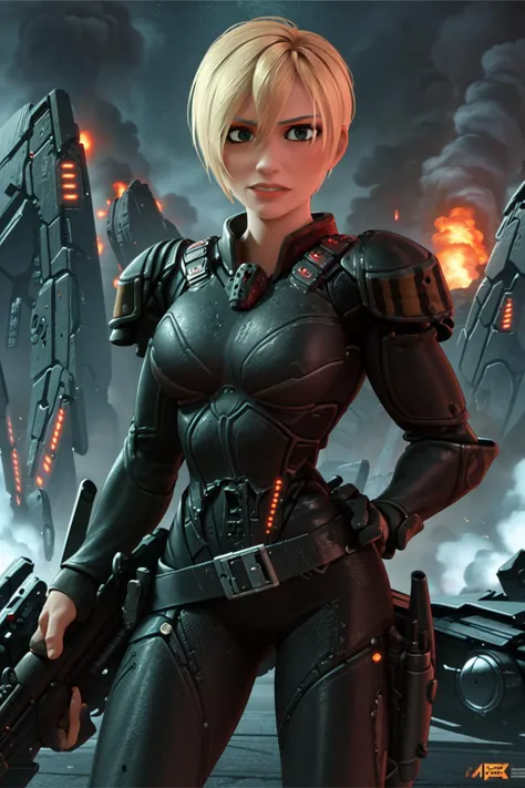 masterpiece, best quality, Sgt Calhoun,1girl, science fiction, armor, holding rifle