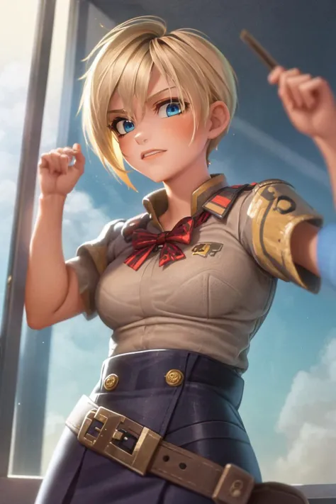 masterpiece, best quality, Sgt Calhoun,1girl, girl outfit, view from below, classroom background