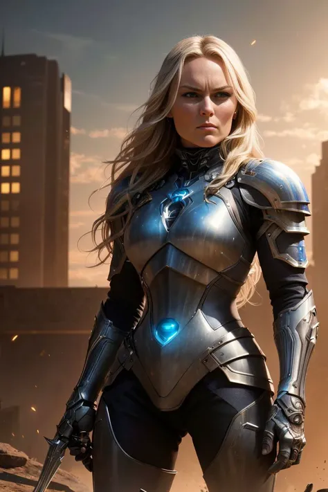 a photo of a beautiful S027_LindseyVonn, as a (futuristic:1.3) (knight:1.2), (8k, RAW photo, best quality, ultra high res, photorealistic, masterpiece, ultra-detailed, Unreal Engine)