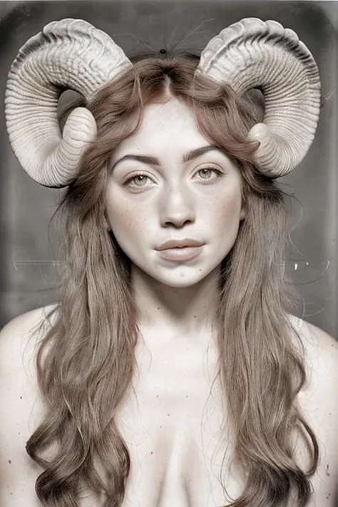 <lora:R4mh0rns:0.8> R4mh0rns,portrait,curled horns,sheep horns <lora:Mugshot:0.8> VintageMugshot Merger_alexandra_surreal