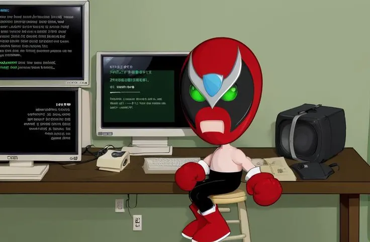 strongbad, lunchador, 1boy, solo, red mask, green eyes, boxing gloves, black pants, red boots, far away, distance, chibi, in a room with a (desk and old monitor, text on monitor) sitting on chair,  flat colours, illustration, <lora:Strongbad-000013:1>
