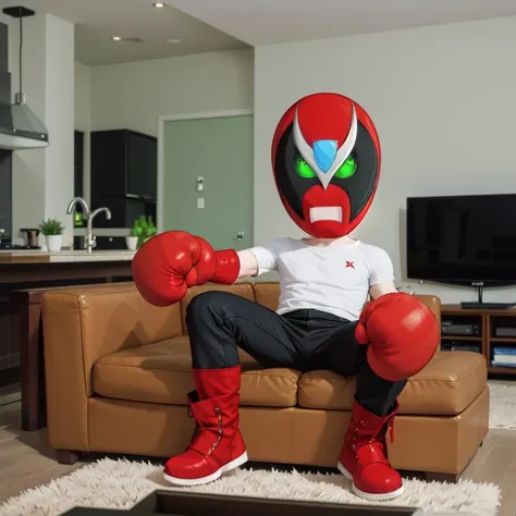 strongbad, lucha libre, solo, red mask, green eyes, black pants, boxing gloves, chibi , red boots, indoors on the couch watching tv <lora:Strongbad-000013:1>