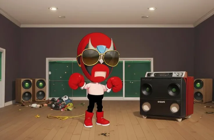 strongbad, lunchador, 1boy, solo, red mask, green eyes, boxing gloves, black pants, red boots, far away, distance, chibi, in a room standing on a boombox, sunglasses, explosions, onions,  flat colours, illustration, <lora:Strongbad-000013:1>