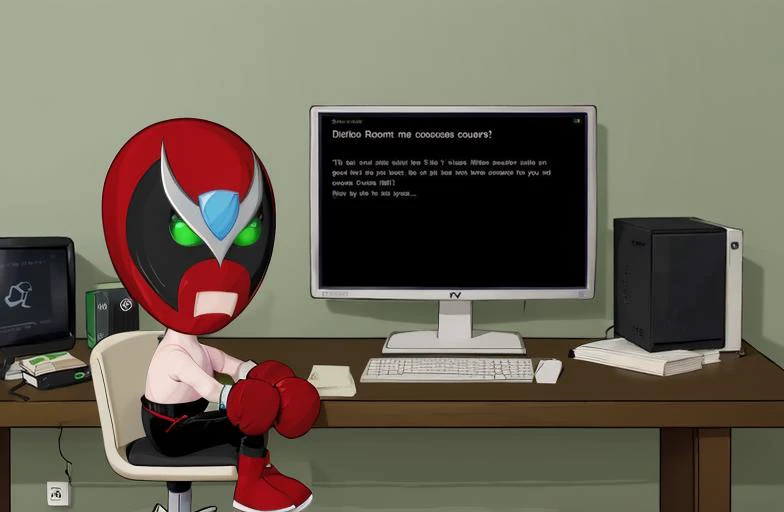 strongbad, lucha libre, solo, red mask, green eyes, black pants, boxing gloves, chibi , red boots, indoors at the computer, <lora:Strongbad-000012:1>