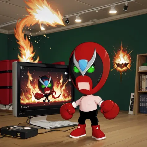 strongbad, lucha libre, solo, red mask, green eyes, black pants, boxing gloves, chibi , red boots, indoors at the computer, cartoon, explosions, fire, wrestling, raising glove, <lora:Strongbad-000013:1>