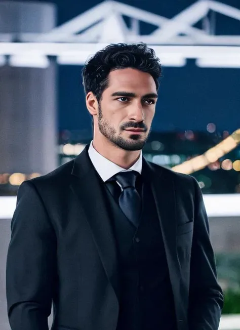 <lora:Hummels:1> raw photo, man , (collar shirt), (black suit ), tie, looking over London at night, cinematic blue lighting, 8K, RAW, HD, stunning masterpiece, closeup, portrait, masculine features, male complexion, detailed face, detailed eyes