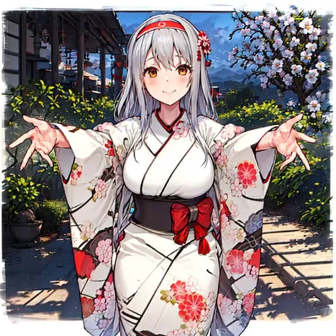 incoming hug, shokaku, 1girl, solo, long_hair, looking_at_viewer, smile, hair_ornament, long_sleeves, brown_eyes, full_body, flower, white_hair, grey_hair, hairband, japanese_clothes, alternate_costume, hair_flower, wide_sleeves, kimono, bag, sash, fur_trim, alternate_hairstyle, headband, obi, floral_print, white_kimono, tabi, fur-trimmed_kimono, masterpiece, best quality, 1girl, solo, night, colorful, cityscape,