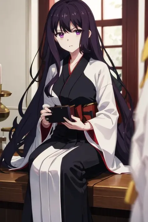 best quality, masterpiece, highres, solo, {white kimono:1.35}, {red hakama:1.35}, {wide sleeves:1.20}, {tilty_claret_tenseioujototensaireijounomahoukakumei:1.15}, long_hair, bangs, purple_hair, purple_eyes, black_hair, blurry