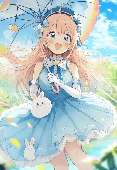 1girl,
sakura oriko,
blue sky, sleeveless dress, depth of field, sky, gloves, hair between eyes, rainbow, blue dress, rabbit, cloud, rainbow umbrella, blue headwear, outdoors, :d, smile, water, open mouth, white bow, blurry background, holding, blurry, sleeveless, bare shoulders, blue eyes, looking at viewer, cloudy sky, beret, very long hair, blue bow, dress, animal, umbrella, bow, long hair, star \(symbol\), blush, holding umbrella, hair bow, hat, elbow gloves, day,
masterpiece, best quality
<lora:sakura_oriko_image615_2024-03-28_a31:1>
