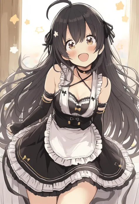 1girl, 
sakura oriko, 
black hair, black choker, apron, black apron, skirt, frilled apron, ribbon, open mouth, black gloves, breasts, frills, ahoge, cleavage, brown eyes, very long hair, small breasts, blush, choker, star \(symbol\), hair between eyes, ribbon trim, ribbon-trimmed skirt, head tilt, :d, looking at viewer, fingerless gloves, long hair, frilled skirt, black skirt, bare shoulders, collarbone, gloves, waist apron, elbow gloves, smile, 
masterpiece, best quality
 <lora:sakura_oriko_image615_2024-03-28_a31:1>