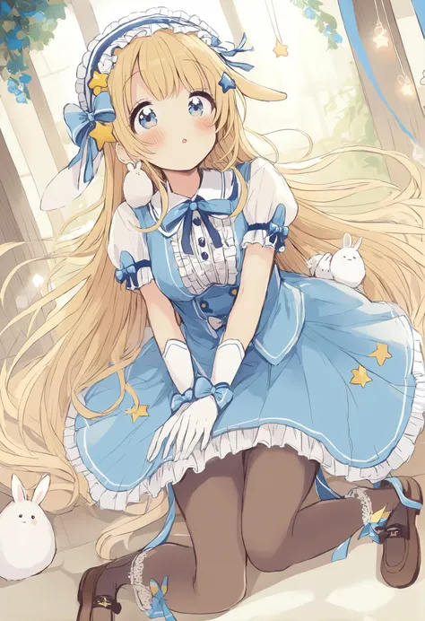 1girl,
sakura oriko,
neck ribbon, brown footwear, pantyhose, gloves, hair bow, elbow gloves, star \(symbol\), rabbit, rabbit ears, shoes, shirt, white gloves, brown legwear, blonde hair, animal, puffy short sleeves, white shirt, ribbon, frills, parted lips, hair ornament, star hair ornament, blue ribbon, solo focus, blue bow, very long hair, center frills, long hair, puffy sleeves, hairband, animal ears, frilled hairband, blue dress, :o, blue hairband, dress, bow, blue eyes, blush, short sleeves, animal on shoulder,
masterpiece, best quality
<lora:sakura_oriko_image615_2024-03-28_a31:1>