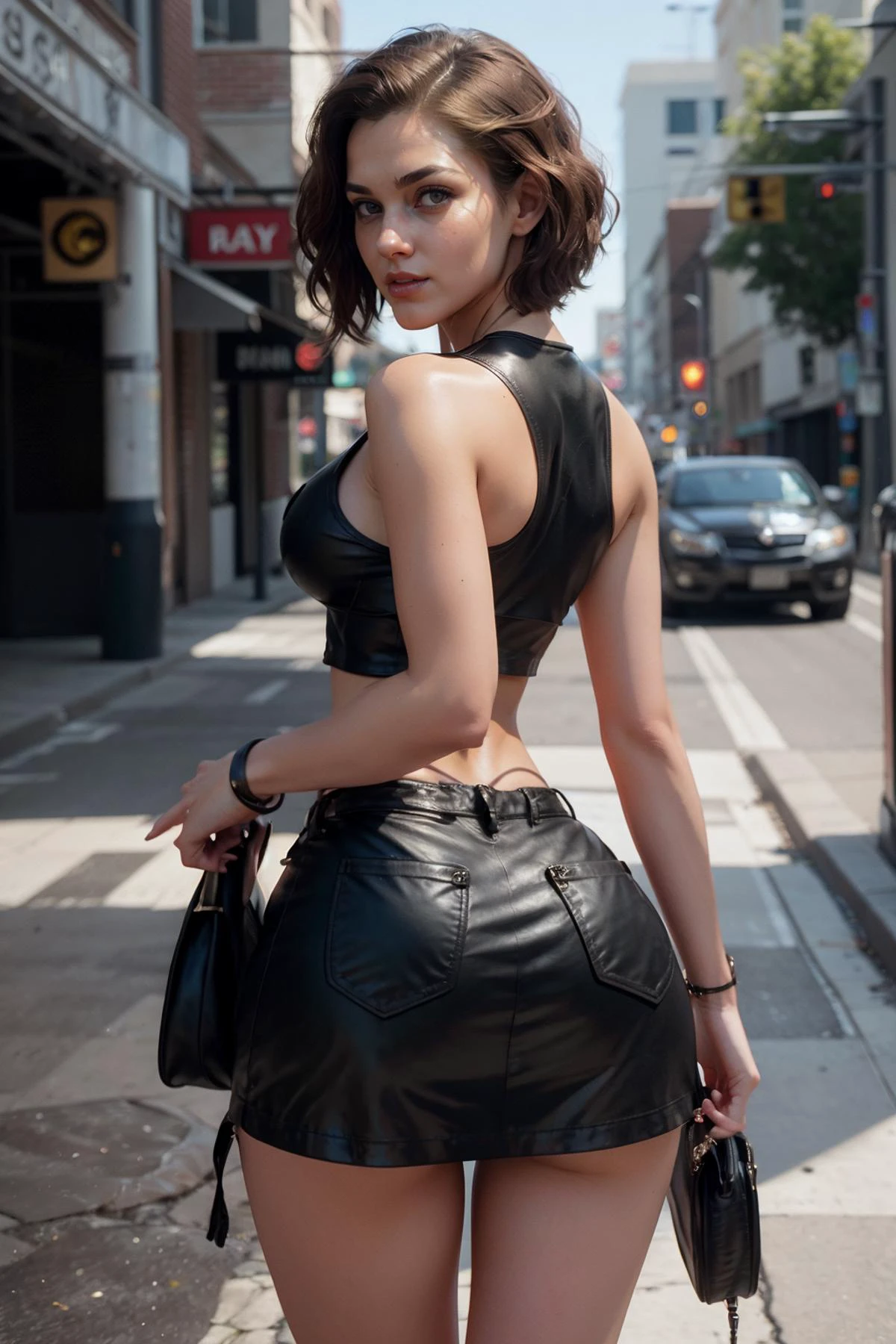 masterpiece, best quality, (photorealistic:1.4), beautiful woman, from behind, <lora:roundassv1:0.8>, round ass, short blonde hair, black tank top and black leather jacket in the style of pixar movie poster, octane render, artstationhd, cinematic lighting, unreal engine, 4k, 8k, hd, high resolution, digital art, ultra realistic, illustration, intricate, elegant, highly detailed, digital painting, artstation, concept art, smooth, sharp focus, illustration, art by artgerm
