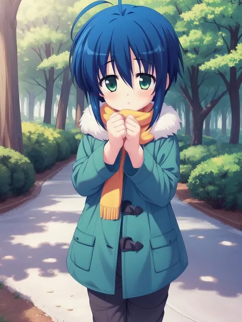 <lora:SakuragawaMinato:1>, SakuragawaMinato, solo, 1boy, green eyes, ahoge,ãblue hair,ãshort hair, fur hat, yellow scarf, green coat, brown pants, shoes, happy, standing, forest, looking at viewer
masterpiece, high quality, very_high_resolution, large_filesize, full color,