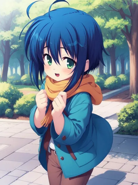 <lora:SakuragawaMinato:1>, SakuragawaMinato, solo, 1boy, green eyes, ahoge,ãblue hair,ãshort hair, fur hat, yellow scarf, green coat, brown pants, shoes, happy, standing, forest, looking at viewer
masterpiece, high quality, very_high_resolution, large_filesize, full color,