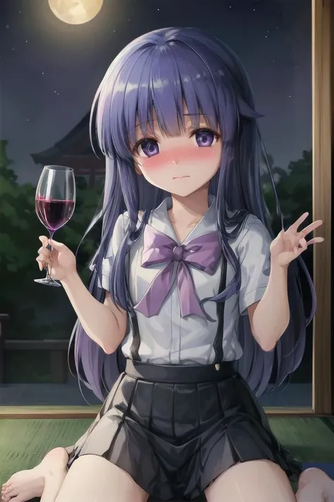 AS-YoungerV2, 1girl, 8k, highres, best quality, masterpiece,
(extremely detailed CG unity 8k wallpaper,best quality, ultra-detailed, beautiful detailed eyes),(best illumination, best shadow, an extremely delicate and beautiful, bloom, absurdres), from below,
an illustration of tiny girl, (lonely:1.3), empty eyes, drunk, nose blush, drinking a glass of red wine, (wine glass:1.2),
sitting, (wariza:1.2), indoors, Japanese shrine, torii, at night, night sky, red half moon,
<lora:flat2:-0.55>
<lora:Furude Rika:0.9> school uniform, barefoot,