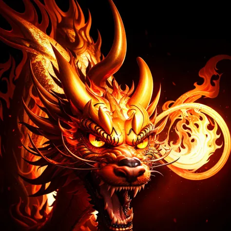 (best quality), perfect shading, highly detailed,  (gold long)  fangs, glowing eyes <lora:chilloutmixlong_v10:0.6> [fire background]