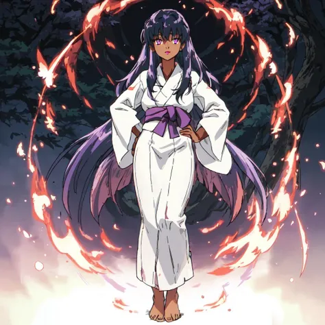 <lora:Shiori-10:1>outdoor, forest, Masterpeace,high quality, Shiori, 1girl, solo, long hair, long sleeves, blue hair, purple eyes, barefoot, dark-skinned female, white kimono, red lips, lipstick, standing, full body, hand on hip
