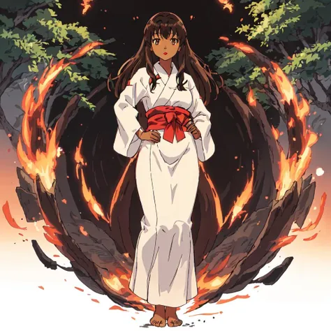<lora:Shiori-10:1>outdoor, forest, Masterpeace,high quality, Shiori, 1girl, solo, long sleeves, brown hair, brown eyes, barefoot, dark-skinned female, white kimono, red lips, lipstick, standing, full body, hand on hip