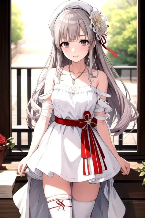 <lora:Kiriko-04:0.7>, bandaged arm, bandaid, bandaid on face, bare shoulders, dress, flower, hat, holding, kirikoimas, looking at viewer, necklace, parted lips, sash, shirt, single sock, smile, standing, thigh strap, thighhighs, white thighhighs