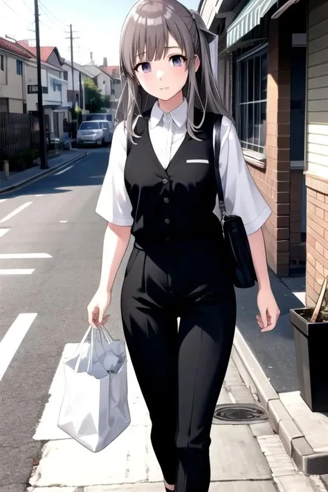 <lora:Kiriko-04:0.7>, kirikoimas, looking at viewer, outdoors, black vest, black pants, holding plastic bag, walking