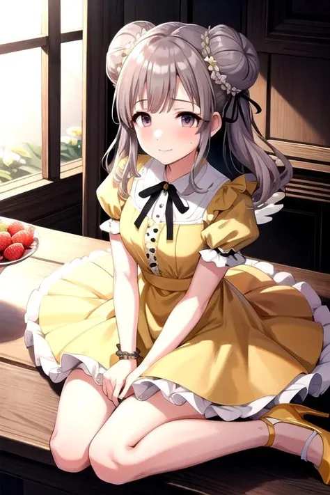 <lora:Kiriko-04:0.7>,kirikoimas, looking at viewer, smile, skirt, shirt, hair ornament, dress, ribbon, jewelry, sitting, closed mouth, flower, short sleeves, sidelocks, frills, food, wings, shoes, puffy sleeves, hair flower, black skirt, hair bun, high heels, bracelet, puffy short sleeves, double bun, fruit, wariza, knife, white flower, frilled sleeves, between legs, minigirl, hand between legs, strawberry, fork, dot nose, yellow dress, yellow footwear, wrist ribbon, pancake, blueberry, honey, syrup