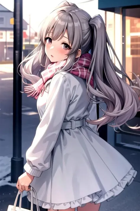 <lora:Kiriko-04:0.7>, kirikoimas, looking at viewer, blush, long sleeves, dress, twintails, jacket, outdoors, frills, parted lips, sky, looking back, scarf, white dress, coat, plaid, dutch angle, frilled dress, building, snowing, white coat, plaid scarf