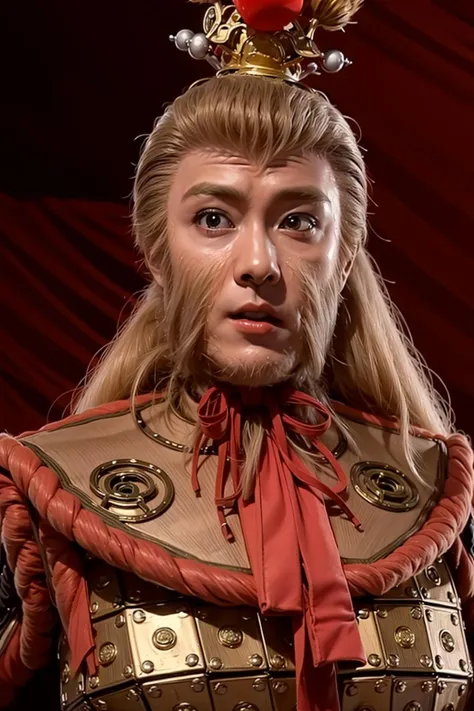 (day),Simple White Background,
Standing at attention,
red and Gold costume,red bow around his neck,
<lora:Sun_Wukong_WestJourney-KK77-V1:0.7>,realistic,crown on his head,ring,
blonde hair, long hair, facial hair,
<lora:more_details:0.3>,
1 man, 20yo,male,Beautiful Finger,Beautiful long legs,Beautiful body,Beautiful Nose,Beautiful character design, perfect eyes, perfect face,expressive eyes,perfect balance,
((looking at viewer)),(Focus on her face),(closed_mouth:1.2),serious,
official art,extremely detailed CG unity 8k wallpaper, perfect lighting,Colorful, Bright_Front_face_Lighting,shiny skin,
(masterpiece:1.0),(best_quality:1.0), ultra high res,4K,ultra-detailed,
photography, 8K, HDR, highres, absurdres:1.2, Kodak portra 400, film grain, blurry background, bokeh:1.2, lens flare, (vibrant_color:1.2),professional photograph,