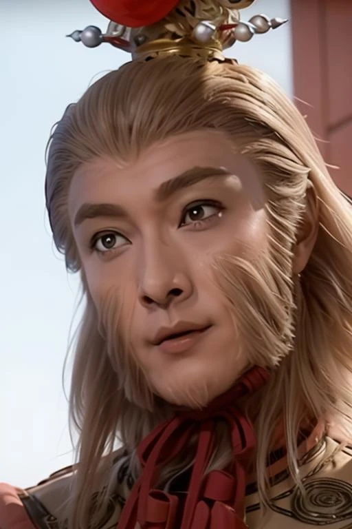 (day),Simple White Background,
Standing at attention,
red and Gold costume,red bow around his neck,
<lora:Sun_Wukong_WestJourney-KK77-V1:0.7>,realistic,crown on his head,ring,
blonde hair, long hair, facial hair,
<lora:Sima_Yi_Ravages-KK77-V1:0.3>,<lora:more_details:0.1>,
1 girl, 20yo,Young female,Beautiful Finger,Beautiful long legs,Beautiful body,Beautiful Nose,Beautiful character design, perfect eyes, perfect face,expressive eyes,perfect balance,
((looking at viewer)),(Focus on her face),(closed_mouth:1.2),serious,
official art,extremely detailed CG unity 8k wallpaper, perfect lighting,Colorful, Bright_Front_face_Lighting,shiny skin,
(masterpiece:1.0),(best_quality:1.0), ultra high res,4K,ultra-detailed,
photography, 8K, HDR, highres, absurdres:1.2, Kodak portra 400, film grain, blurry background, bokeh:1.2, lens flare, (vibrant_color:1.2),professional photograph,
(Beautiful,large_Breasts:1.4), (beautiful_face:1.5),(narrow_waist),
