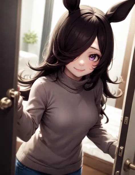 <lora:pov_doorway:1> pov doorway, 1girl, solo, standing, smile, closed mouth, cowboy shot, long hair, opening door,
<lora:rice_showerBF16:1> rice shower \(umamusume\), horse ears, purple eyes, hair over one eye, sweater, (window:1.1), turtleneck, (small breasts:1.1), bed, shadow,