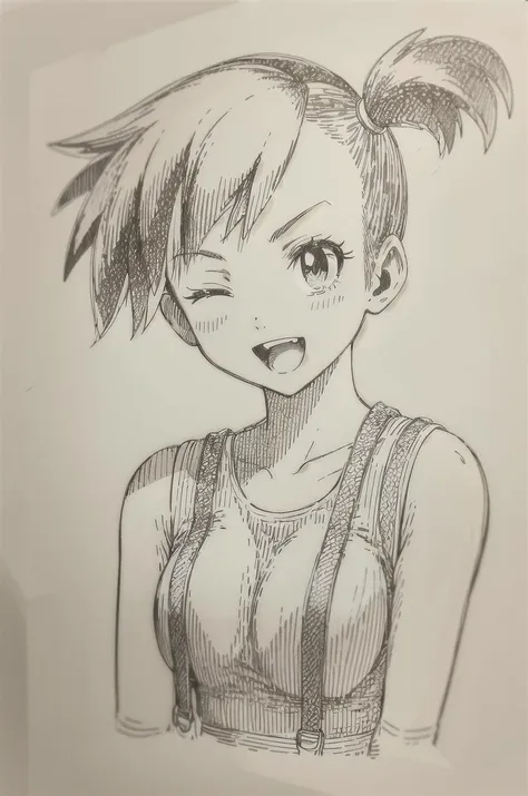 ((masterpiece,best quality, detailed)), 1girl, solo, (sketch:1.1), paper, monochrome, cropped torso, portrait,
misty \(pokemon\), side ponytail, suspenders, yellow tank top, smile, one eye closed, open mouth,  <lora:oldSketchStyle_v1:1>,  <lora:mistyPokemon_v2:0.9>