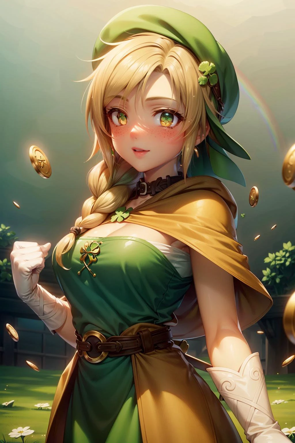 (anime style:1.3), biancawhitaker, long hair, breasts, yellow eyes, blonde hair, braid, lips, single braid, hair over shoulder, freckles, <lora:Bianca_Whitaker_Dragon_Quest_Your_Story:0.8>, green dress, green hat, green legwear, white gloves, saint patrick, golden ornaments, <lora:CeltPunkAI:0.5>, looking at viewer, light smile, beautiful detailed face, beautiful detailed eyes, (saint patrick, four-leaf clover, clovers on background), tournament archery range, straw targets, skilled archers, arrows flying through the air, (((gold coins, gold, rainbow))), colorful landscape, sharp details, sfw, <lora:add_detail:0.3>