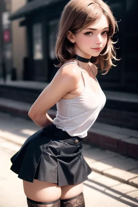 (1girl:1.4),(realistic:1.5),photorealistic, octane render,(hyperrealistic:1.2),(skirt,shirt:1.1),from side,full body ,(skindentation:1.3),(photorealistic face:1.2),(medium|tiny breasts:1.4),thick eyelashes,long eyelashes,arm straps,choker,white legwear,(skindentation:1.3),best quality,  (street:1.3),outdoors,dynamic pose, smile,parted lips,looking at viewer,sharp focus,(8k), (4k), (Masterpiece), (Best Quality), fantasy, extremely detailed, intricate, hyper detailed, (perfect face), illustration,soft lighting,(specular lighting:1.4)